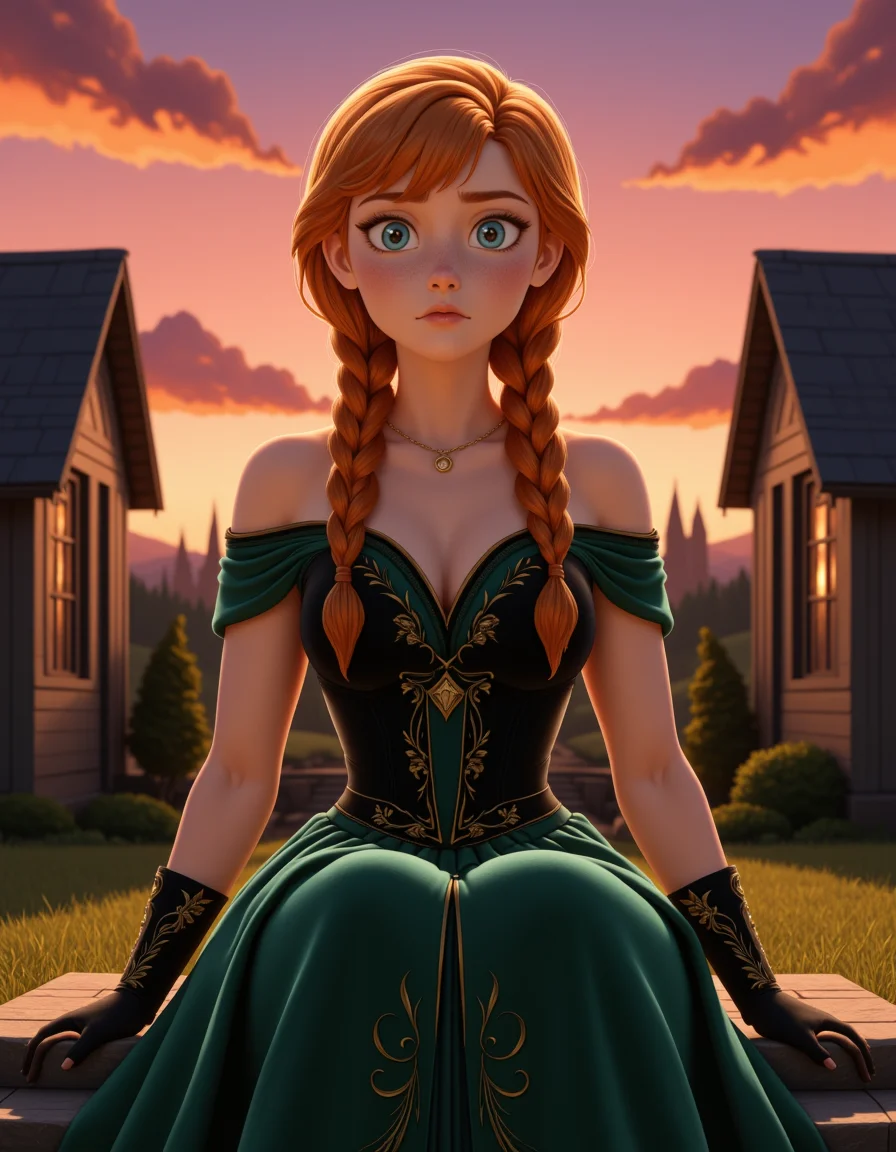 Semi-Realistic digital illustration Style in a wide shot. Looking at viewer, outdoors in daylight, , Stressed with furrowed brows, tight jaw, and hands wringing together in anxiety.
<lora:Frozen_-_Anna_v2_000030:1> f-anna an adult 25 year old woman she has blue eyes, orange hair and a freckled face. strawberry-blonde hair in twin braids, wearing
a young woman with strawberry-blonde hair in an elegant updo, wearing a dark green off-shoulder gown with black velvet corset bodice, golden green floral embroidery down the skirt, forest green layered underskirt, satin gloves, golden pendant, upright posture, soft ballroom lighting, hands clearly visible holding the skirt lightly, full-body view
A woman sits on the steps of a charming cottage, watching the sunset paint the sky with hues of pink and orange as the day fades into evening.