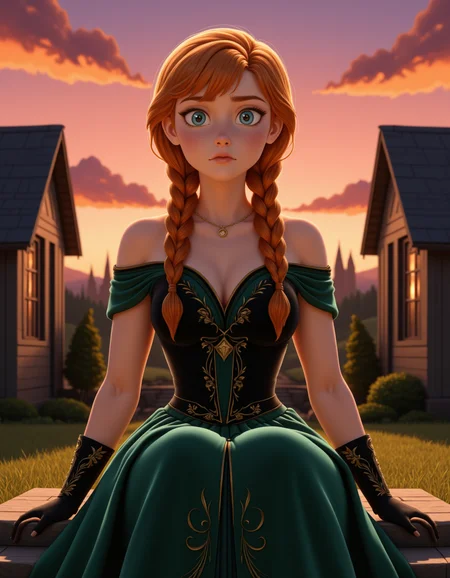 Semi-Realistic digital illustration Style in a wide shot. Looking at viewer, outdoors in daylight, , Stressed with furrowed brows, tight jaw, and hands wringing together in anxiety.
<lora:Frozen_-_Anna_v2_000030:1> f-anna an adult 25 year old woman she has blue eyes, orange hair and a freckled face. strawberry-blonde hair in twin braids, wearing
a young woman with strawberry-blonde hair in an elegant updo, wearing a dark green off-shoulder gown with black velvet corset bodice, golden green floral embroidery down the skirt, forest green layered underskirt, satin gloves, golden pendant, upright posture, soft ballroom lighting, hands clearly visible holding the skirt lightly, full-body view
A woman sits on the steps of a charming cottage, watching the sunset paint the sky with hues of pink and orange as the day fades into evening.