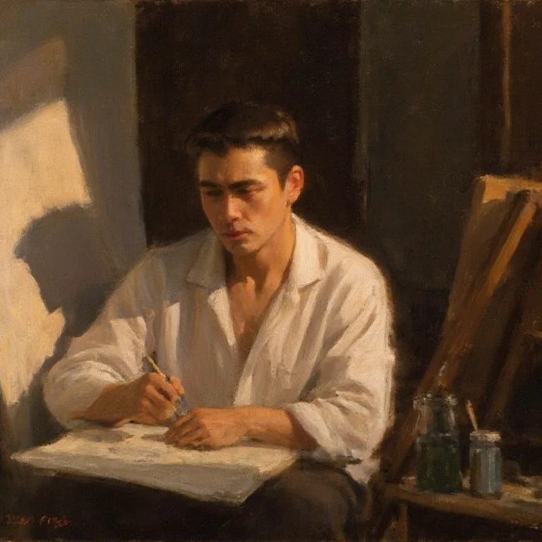 oilpainting,The hairstyle of the Chinese male artist: Short and slightly messy,revealing the artist's relaxed and unpretentious character. Attire: Wearing a loose white shirt with the collar casually open,paired with a pair of dark casual pants. Gesture: The right hand holds a paintbrush,deftly creating on paper,while the left hand gently supports the paper. Silhouette: The artist has a medium build with smooth lines on his back,conveying a sense of determination and focus. Tone of the image: Primarily in warm tones,with sunlight streaming through the window to form a golden edge light effect on the artist. Light and shadow effects: The interplay of light and shadow in the image gives a film-**** grainy texture,adding to the artistic atmosphere. Background elements: In the blurred background,a painting easel,paper,paints,and other painting tools are visible,along with light filtering through the window.,
