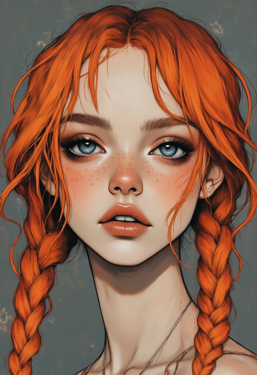 Swedish white girl with ginger colored hair, her hair is in twin braids, stunning blue eyes, MoodyGirls