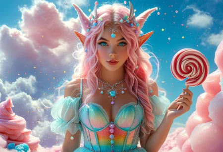 A hyper-realistic fantasy portrait of a beautiful candy elf standing on a cloud made of pink and blue cotton candy, surrounded by a sky that looks like spun sugar and rainbow sprinkles. The elf has shimmering pastel skin with iridescent highlights, large sparkling eyes, and delicate ears shaped like curled candy canes. Her hair flows like melted marshmallow and is decorated with tiny gummy stars. She wears a dress made of translucent sugar crystals and glossy lollipop shards. Magical glow, dreamy lighting, and high detail.
Style tags:
hyperrealistic, candycore, fantasy, pastel aesthetic, dreamy, ultra detail, fairy tale, vibrant lighting, soft clouds