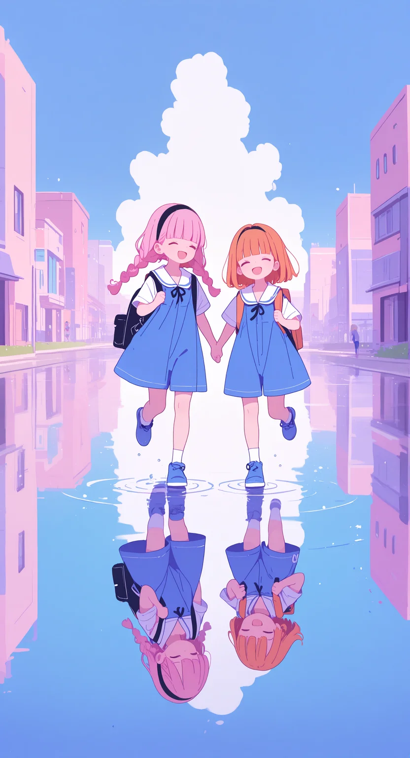 masterpiece, best quality, good quality, newest, highres, absurdres,
2girls, long hair, smile, open mouth, short hair, shirt, blonde hair, dress, white shirt, closed eyes, pink hair, braid, short sleeves, outdoors, hairband, sky, shorts, shoes, socks, day, blunt bangs, sailor collar, water, bag, orange hair, blue sky, twin braids, blue dress, black hairband, backpack, building, child, white sailor collar, blue shorts, reflection, walking, blue footwear, sailor dress, running, city, ripples, holding strap, reflective water, Flatline, Flat vector illustration <lora:illustriousXL_stabilizer_v1.23:0.3> <lora:NOOB_vp1_detailer_by_volnovik_v1:0.3> <lora:ponyv6_noobE11_2_adamW-000017:0.3> <lora:XXX667:0.7> <lora:checkpoint-e18_s306:1.8>