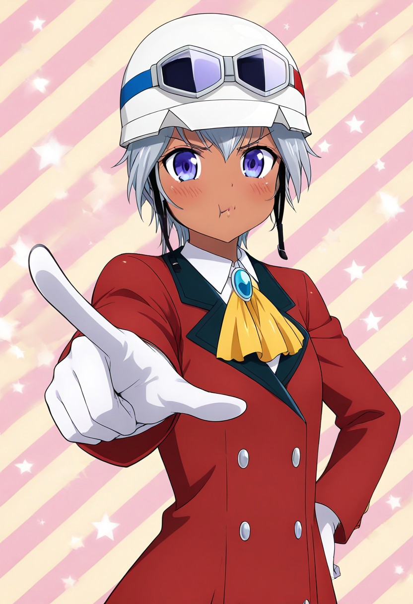 Asana Mutsuba, 1girl, solo, dark skin, short hair, grey hair, white hair, blue eyes, purple eyes, white shirt, blue brooch, red coat, yellow ascot, white gloves,
upper body, face focused, 
helmet, google on helmet, google on headwear,
hand on the back, hand on behind, 
blush, looking at viewer, angry, closed mouth, angry frown, chewing something, puffy cheeks, pointing at viewer, pointing, one hand on hips,
simple background, stripped background, yellow striped background, pink striped background, stars on background,