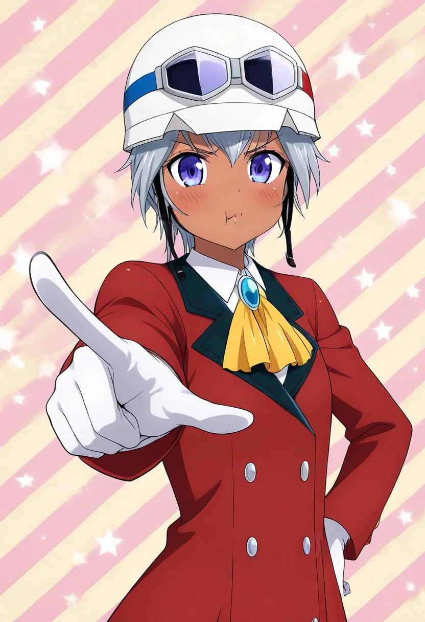 Asana Mutsuba, 1girl, solo, dark skin, short hair, grey hair, white hair, blue eyes, purple eyes, white shirt, blue brooch, red coat, yellow ascot, white gloves,
upper body, face focused,
helmet, google on helmet, google on headwear,
hand on the back, hand on behind,
blush, looking at viewer, angry, closed mouth, angry frown, chewing something, puffy cheeks, pointing at viewer, pointing, one hand on hips,
simple background, stripped background, yellow striped background, pink striped background, stars on background,