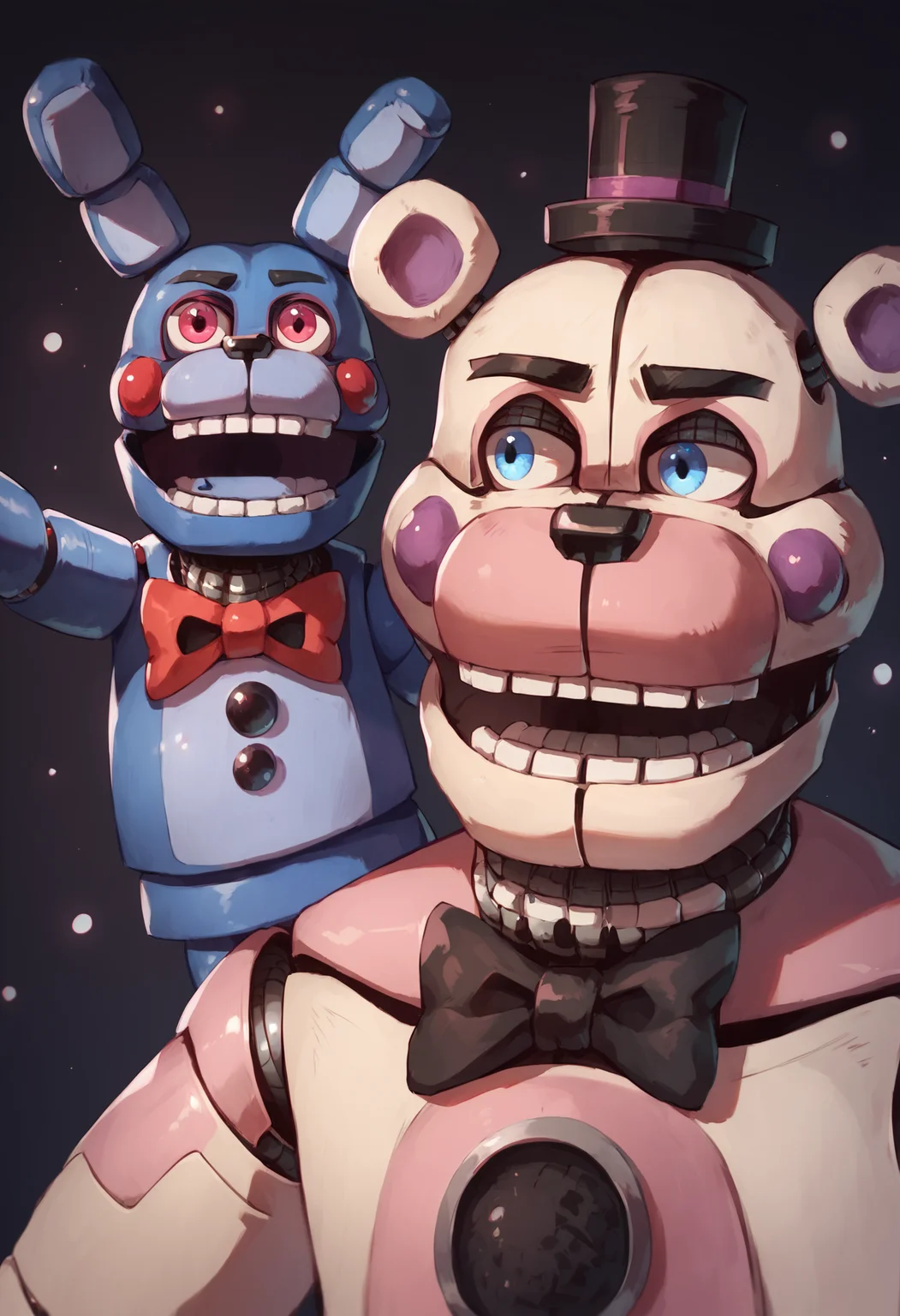 score_9, score_8_up, score_7_up, (funtimefreddy), fnaf, animatronic, bonbon, 2boys, male, close-up, black bowtie, top hat, portrait, dark background, blue eyes, red eyes, open mouth, detailed eyes, masterpiece, amazing quality, best quality, 8k <lora:FuntimeFreddy-000010:0.92>