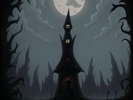 burtonesque, gloomy, muted colors, full moon, tombstones, monsters, bats, spiders, detailed, city ruins <lora:burtonesque2:0.75>