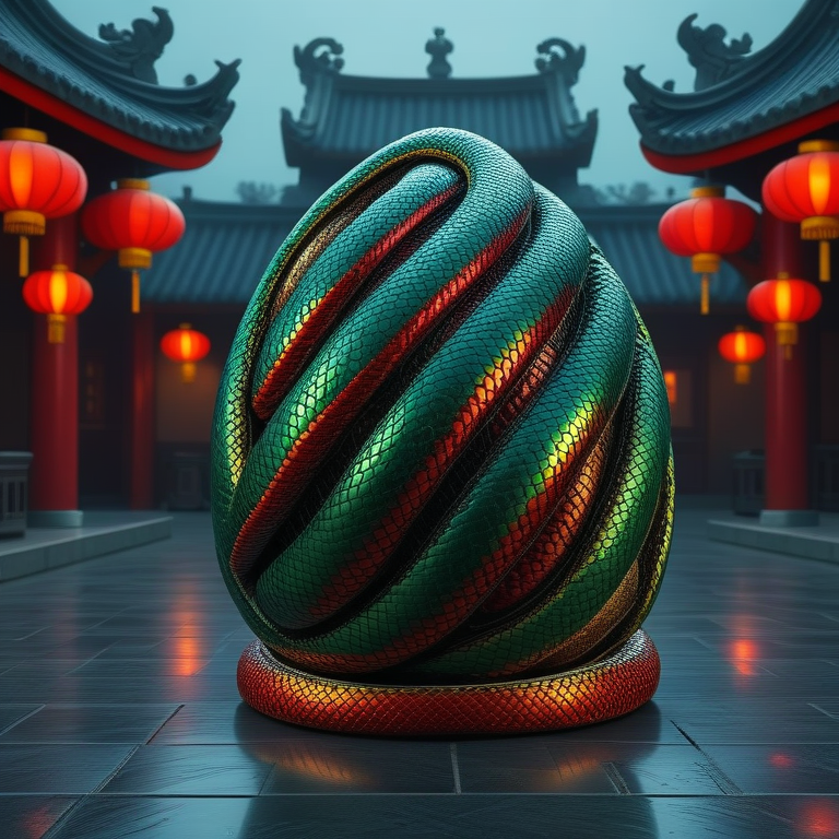 sn4k3bug egg, metallic scales in green, red, and gold colors. sn4k3bug create a detailed texture while forming all parts of the egg. The setting is a traditional Asian environment, featuring glowing red lanterns, typical architecture in the background, and a reflective stone floor. Soft lighting highlights sn4k3bug shimmer, ensuring the egg looks cohesive and colorful, maintaining a mysterious and vibrant atmosphere. <lora:sn4k3bug:1.05>