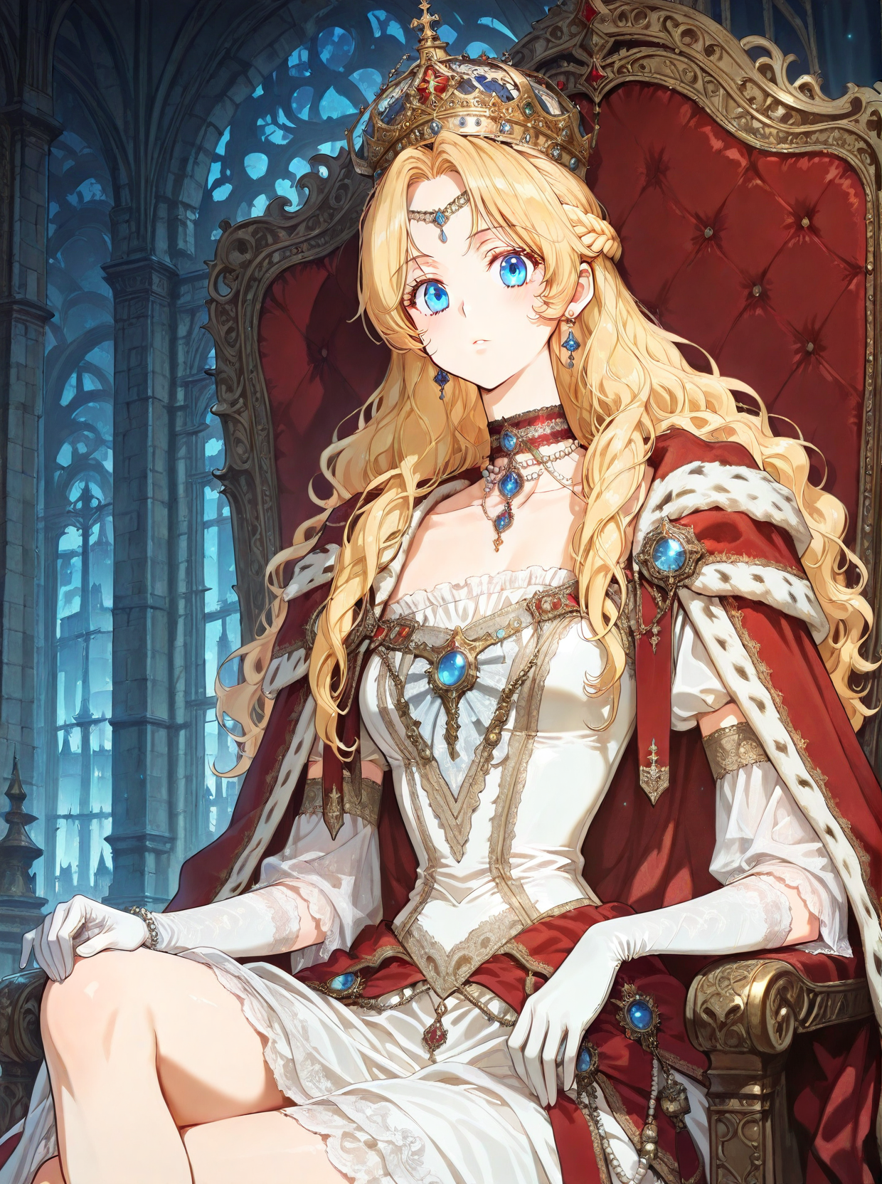 <lora:Athanasia_r1:1>
1 girl, solo, princess, blue eyes, blonde hair, long hair, wavy hair, french braid, bangs, parted bangs
white dress, necklace, collarbone, earrings, choker, gem, jewelry, red cape, crown, bracelete, pearl necklace, white gloves, elbow gloves,
(Anime_source),Masterpiece,(perfect female body:1.2), small waist,(incredibly detailed:1.4), slim, beautiful fingers, parted lips, looking at viewer, sitting on throne, crossed legs, castle room background, <lora:iLLMythG0thicL1nes:1>