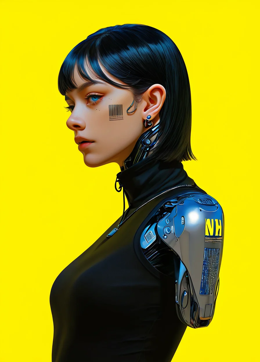 realistic,
masterpiece, best quality, amazing quality, highres, absurdres, very aesthetic, very awa,expert shading, ultra detailed, UHD, 8K,
BREAK,
N3onSp3ctra, 1girl, solo, jewelry, earrings, tattoo, black hair, blue eyes, yellow background, cyborg, mechanical arms, realism, (poster:1.1), barcode, vector graphics, Japanese text <lora:NeonSpectra-000011:0.75>