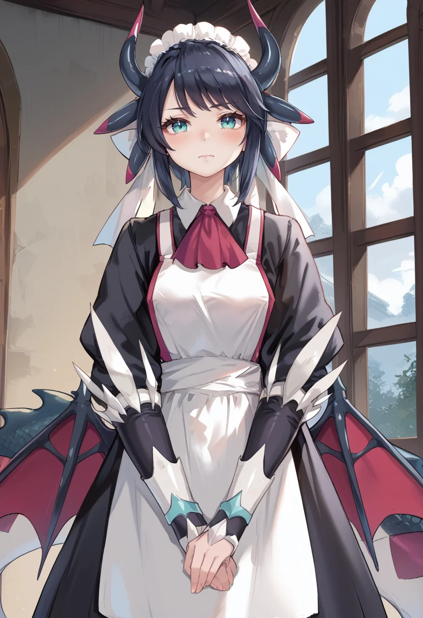 (score_9:0.9),score_8_up,score_7_up,rating_safe,anime style,(zPDXL),<lora:House Dragonmaid ponyXL v1:0.76>,house dragonmaid, 1girl, solo, maid headdress, maid dress, red ascot, blush, own hands together, looking at viewer, squiggle, castle, low dragon wings, unhappy, silver fingerless gloves, mob cap