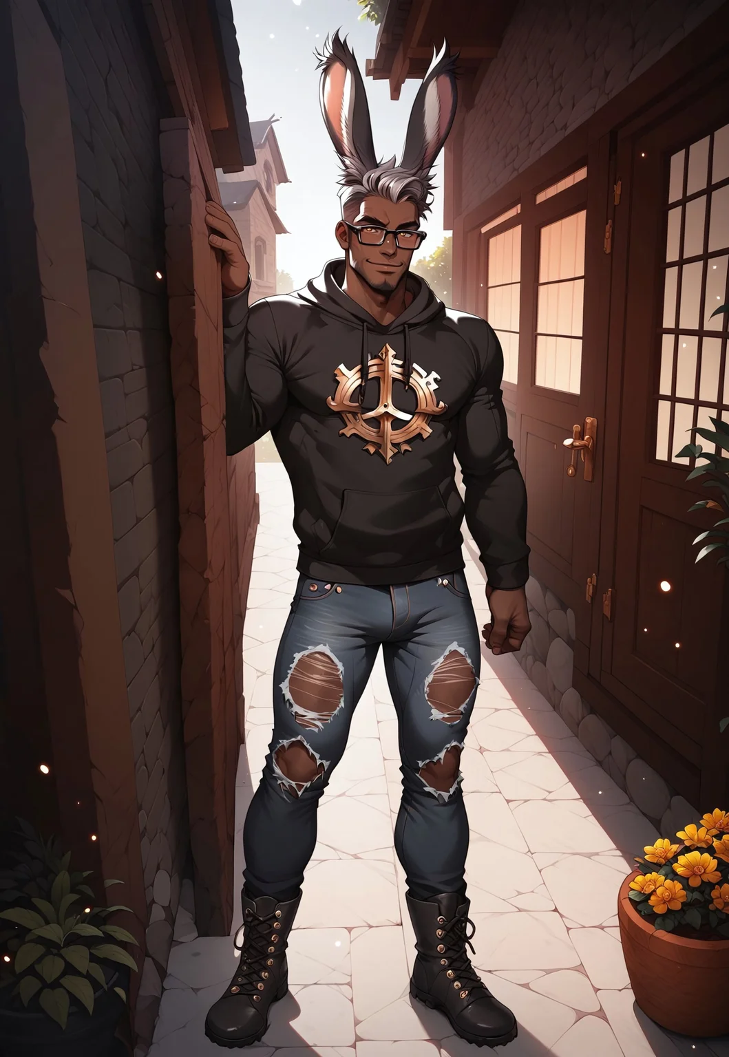 safe_pos, score_9, score_8_up, score_8_up, 1boy, solo man, male, handsome man, punk aesthetic, viera, bunny boy, good looking, ((dark skinned man)), toned muscles, tall, ((black ripped jeans)), ((black and gold hoodie)), hiking boots, smirking, ((dark rimmed glasses)), high res image, grey hair, medium length hair, ((large expressive golden eyes)), masterpiece, dark eyeliner, ((bunny ears)), ((viera ears)), high contrast shadows, dark pupils, sexy man, house, porch, standing, fantasy home, home