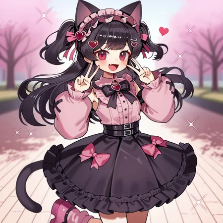 lazypos, girl focus, 1girl, animal ears, solo, cat ears, tail, hair ornament, black hair, long hair, smile, looking at viewer, blurry, pink footwear, cat tail, blush, frills, heart hair ornament, open mouth, detached sleeves, heart, hands up, skirt, hairband, long sleeves, black skirt, blurry background, shirt, pink shirt, cat girl, sparkle, :d, jirai kei, depth of field, skin fang, fang, hairclip, sleeveless, outdoors, double v, dress, puffy long sleeves, ribbon, frilled skirt, red eyes, bow, pink sleeves, pink socks, w, puffy sleeves, v, frilled hairband, two side up, pink bow, bare shoulders, pink ribbon, frilled dress, twintails, ro_g, mahoushostyle