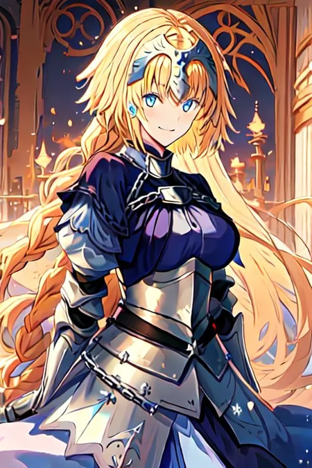 solo, 1girl, solo_focus,
jeanne_d_arc_fgo, blonde_hair, long_hair, blue_eyes, breasts, very_long_hair, headpiece, smile, braid, gauntlets, single_braid, large_breasts, bangs, chain