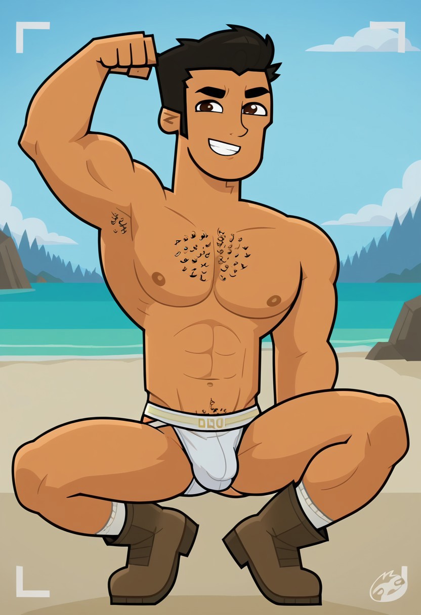 score_9, score_8_up, score_7_up, score_4, score_5, score_6,  dynamic view, dynamic pose, High Quality, perfect body, cartoon source, break
Diego Olivo, 1boy, solo, tanned skin, brown eyes, round pupils, chest hair, muscular, Big chest, Big pecs, thick eyebrows, Black hair, pompadour, white jockstrap, white socks, brown boots,  break
, flexing arms, Bulge, squatting, mischievous smile, raised eyebrows, beach, sunny, blue sky.