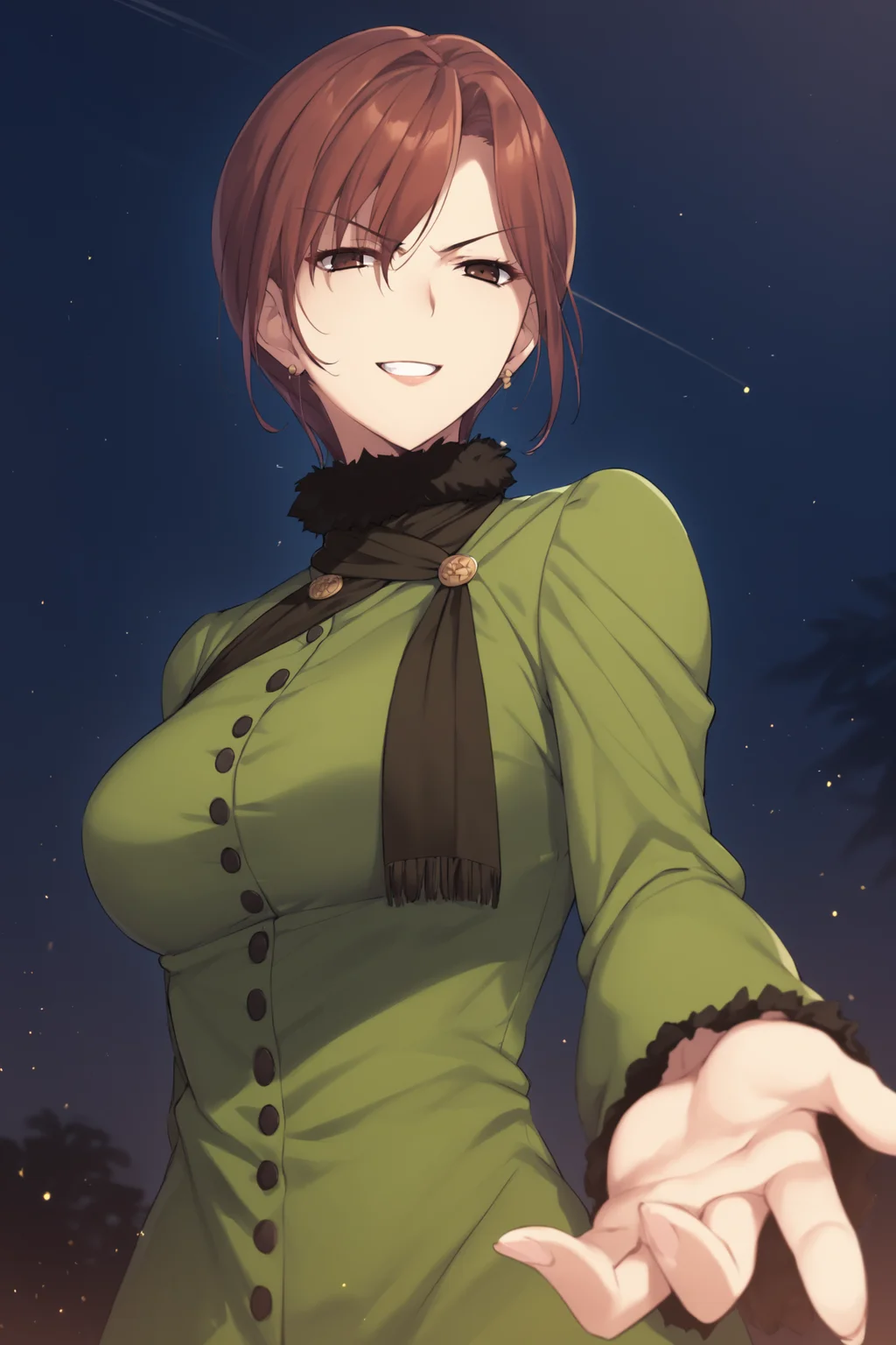 score_9, score_8_up, score_7_up, score_6_up, score_5_up, source_anime, rating_safe, medium breasts, outdoors, dark background, light particles, 1girl, solo, <lora:age_slider_v4:3>, aozaki touko, brown hair, short hair, brown eyes, dress, long sleeves, green dress, scarf, front slit, fishnets, fishnet pantyhose, highheels, <lora:Touko_Aozaki:0.8>, (upper body:1.1), (glaring:1.5), (smile:1.2), (half closed eyes:1.7), open mouth, outstretched hand, palm, palm