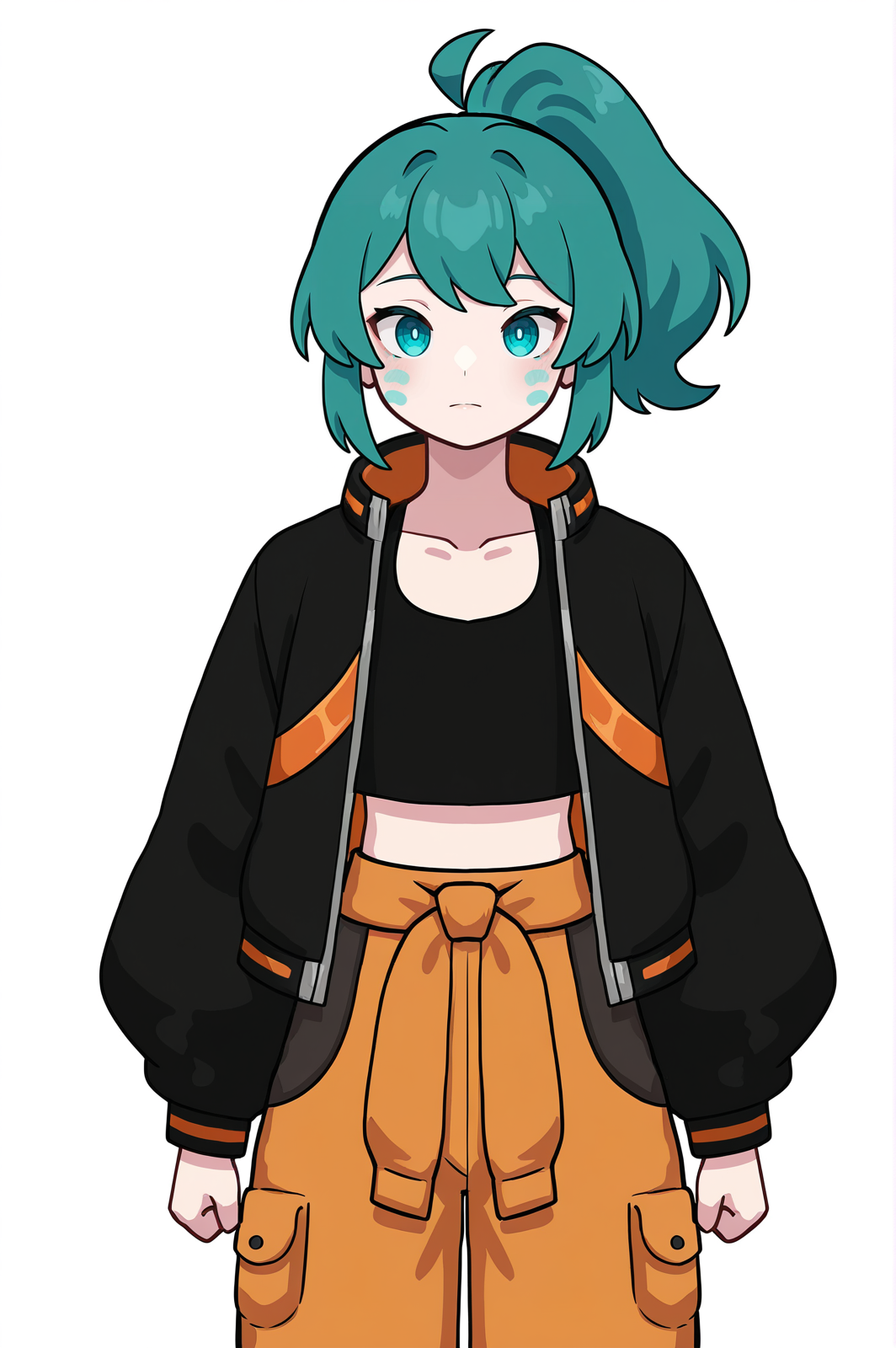 1girl, solo, LennaOC, teal hair, cyan cheek marks, sweeping bangs, ponytail, flat chested, black croptop, black jacket, long sleeves, shiny orange jacket accents, orange trims, orange pants, dark grey pockets, dark grey trouser accents,
arms by side, strong pose,
masterpiece, best quality, newest, absurdres, highres, sensitive,  <lora:Lenna_Illustrious:1>
minecraft
