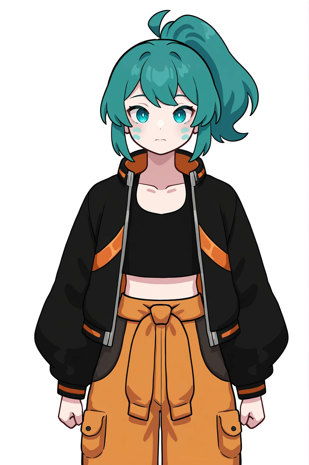 1girl, solo, LennaOC, teal hair, cyan cheek marks, sweeping bangs, ponytail, flat chested, black croptop, black jacket, long sleeves, shiny orange jacket accents, orange trims, orange pants, dark grey pockets, dark grey trouser accents,
arms by side, strong pose,
masterpiece, best quality, newest, absurdres, highres, sensitive, <lora:Lenna_Illustrious:1>
minecraft