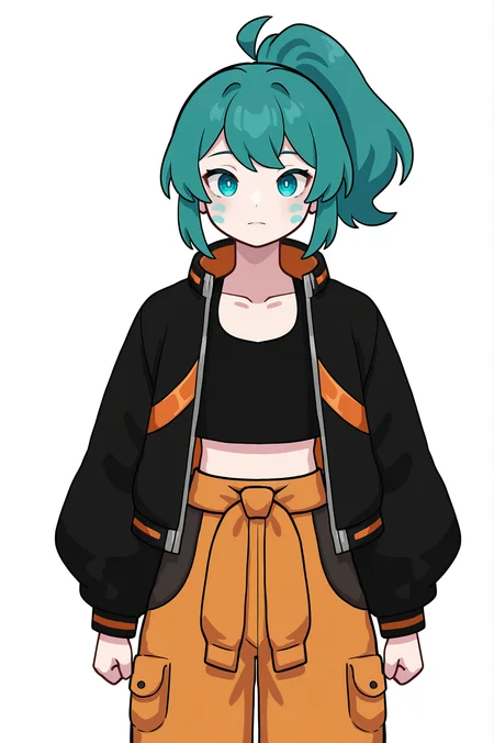 1girl, solo, LennaOC, teal hair, cyan cheek marks, sweeping bangs, ponytail, flat chested, black croptop, black jacket, long sleeves, shiny orange jacket accents, orange trims, orange pants, dark grey pockets, dark grey trouser accents,
arms by side, strong pose,
masterpiece, best quality, newest, absurdres, highres, sensitive, <lora:Lenna_Illustrious:1>
minecraft
