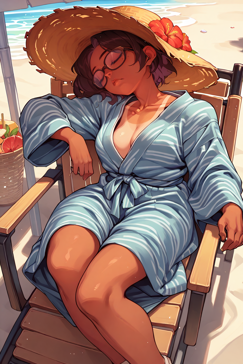 score_9, score_8_up, 1girl, yukata, straw hat, glasses, tanned, sitting, sleeping, beach chair <lora:gofa_pd:1>