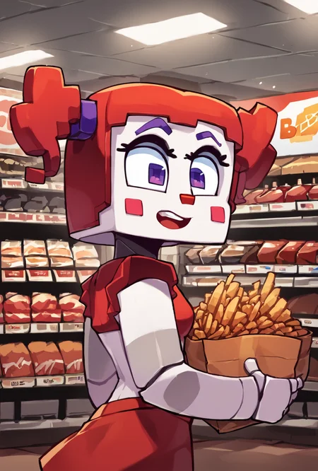 score_9, score_8_up, score_7_up, best quality, good quality ,, character focus, solo, , best quality,    <lora:circbab-06:1> circbab, solo, robot, red hair, twintails, 1girl, open eyes, detailed background  <lora:Fizintine_Art_Style_Pony_DIffusion:1> by fizintine, inside grocerry store, holding bags, looking at stores, looking at shelf, holding item, shopping, side view,