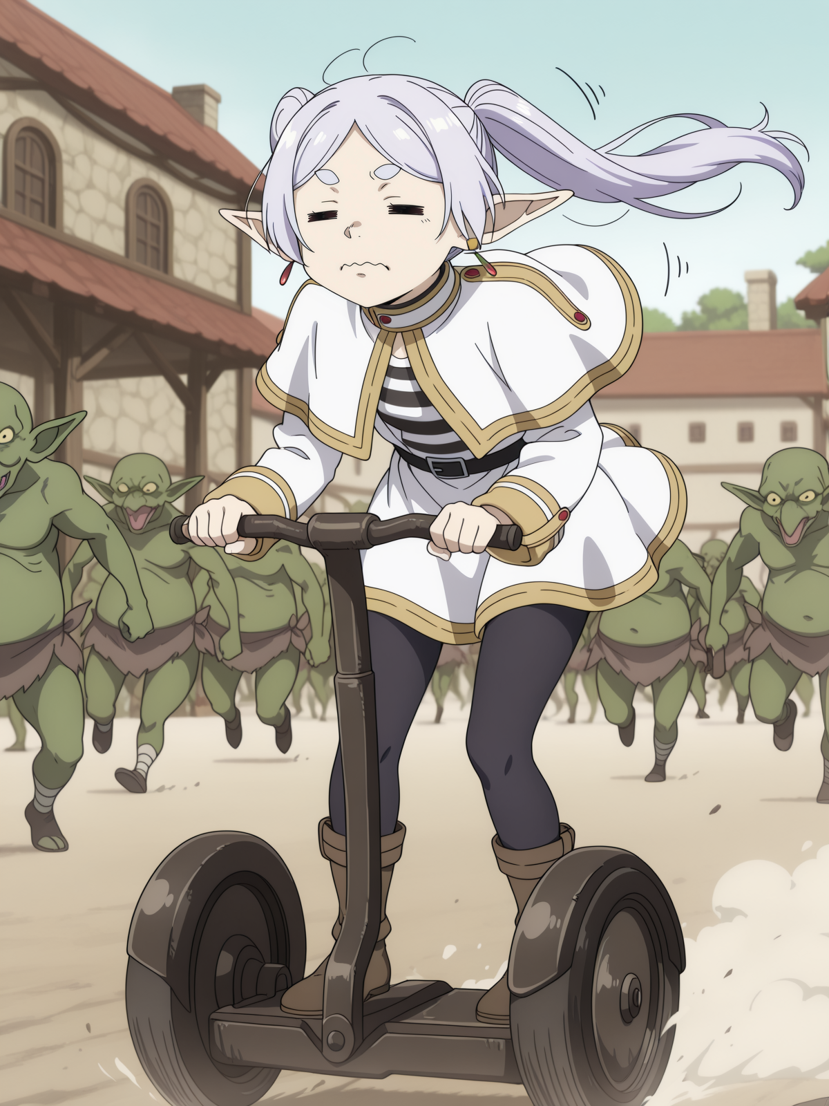 masterpiece, best quality, amazing quality, newest, anime coloring, anime screenshot, megami magazine, flat color, fantasy, scenery, (depth of field:1.2), general, 
BREAK 1girl, solo focus, frieren, (black pantyhose, black legs:1.4), short skirt, = =, wavy mouth, (leaning forward:0.7), segway, standing, holding handlebar, wind, driving, (motion lines, speed lines, dust cloud:1.2), floating hair, town, tree, street, sky, 
BREAK 6+boys, mob, audience, gob, gob background, many gob, green skin, bald, (male running:1.3), chasing girl, club \(weapon\), male looking girl, 
<lora:anime_screencap-Illustrious:0.8> anime screencap, <lora:segway_Illust_v1:0.7> <lora:gob_ilxl_v1.3:1>