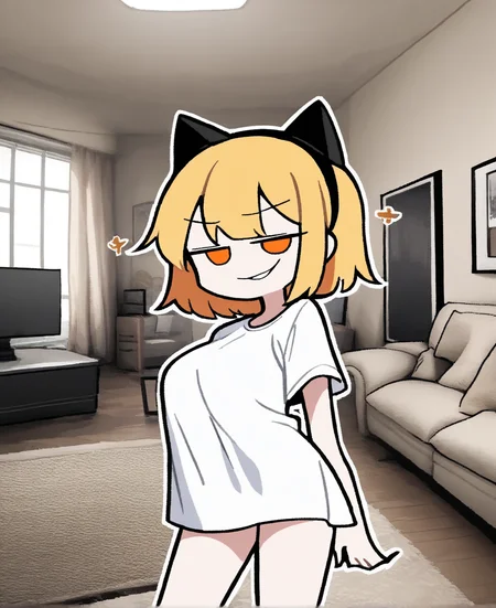 1girl, large breasts, smug, posing, blonde hair, fake black cat ears, white t-shirt, orange eyes, posing, looking at viewer, <lora:blurreal-NoobAI:0.85>, indoors, living room,