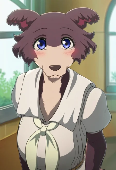 score_9, score_8_up, score_8, score_7_up, score_7, score_6, sidelighting, volumetric lighting, ray tracing, detailed lighting, subsurface scattering, (masterpiece, best quality), very aesthetic, source_furry,  solo, cute, blush, cute  pose, juno, wolf girl, brown-purple fur, blue eyes, wolf tail, school uniform, neckerchief, belt, long sleeves, short sleeves,  white socks, black shoes, <lora:JunoUpdated:1.1>, indoors,  (upper body, face focus, close, looking at viewer:1.2), school hallaway, day, window,  ultra-detailed, absurdres, depth of field, blurry background, cute smile, 1girl, (girly:1.2), (fullfigured ,voluptuous:1.4),  medium breasts, round breasts,  perky breasts,  detailed fur