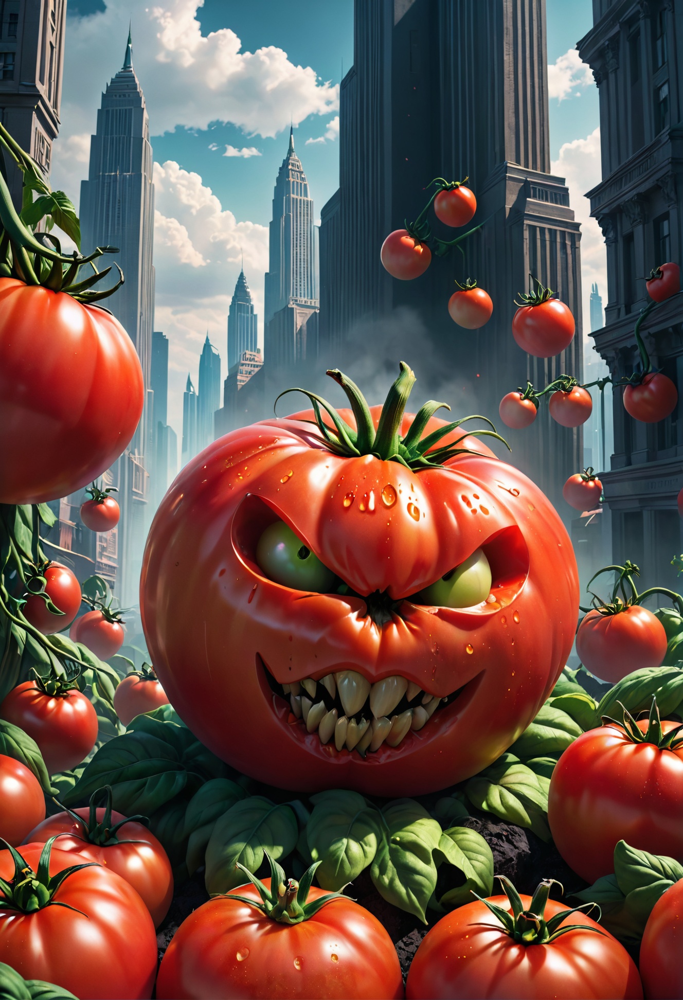 Conceptual Art of Darkcore aesthetic, portrait of a b-movie poster with a cheesy title featuring giant, menacing tomatoes attacking a city, bright colors, stunning background. dark and moody, a mesmerizing blend of light and shadow. masterpiece, absurdres, intricate details <lora:Eix-Raol_v1-027-Lora:0.9>, concept art