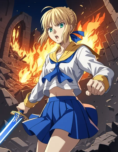 score_9,  score_8_up, score_7_up, <lora:ai-shimai-ponyxl:0.8> 1girl, solo,
saber, artoria pendragon \(fate\), excalibur \(fate/stay night\),
serafuku, yellow sailor collar, blue neckerchief, pleated skirt
furrowed brow, serious, open mouth, ruins, rubble, fire, night, cowboy shot