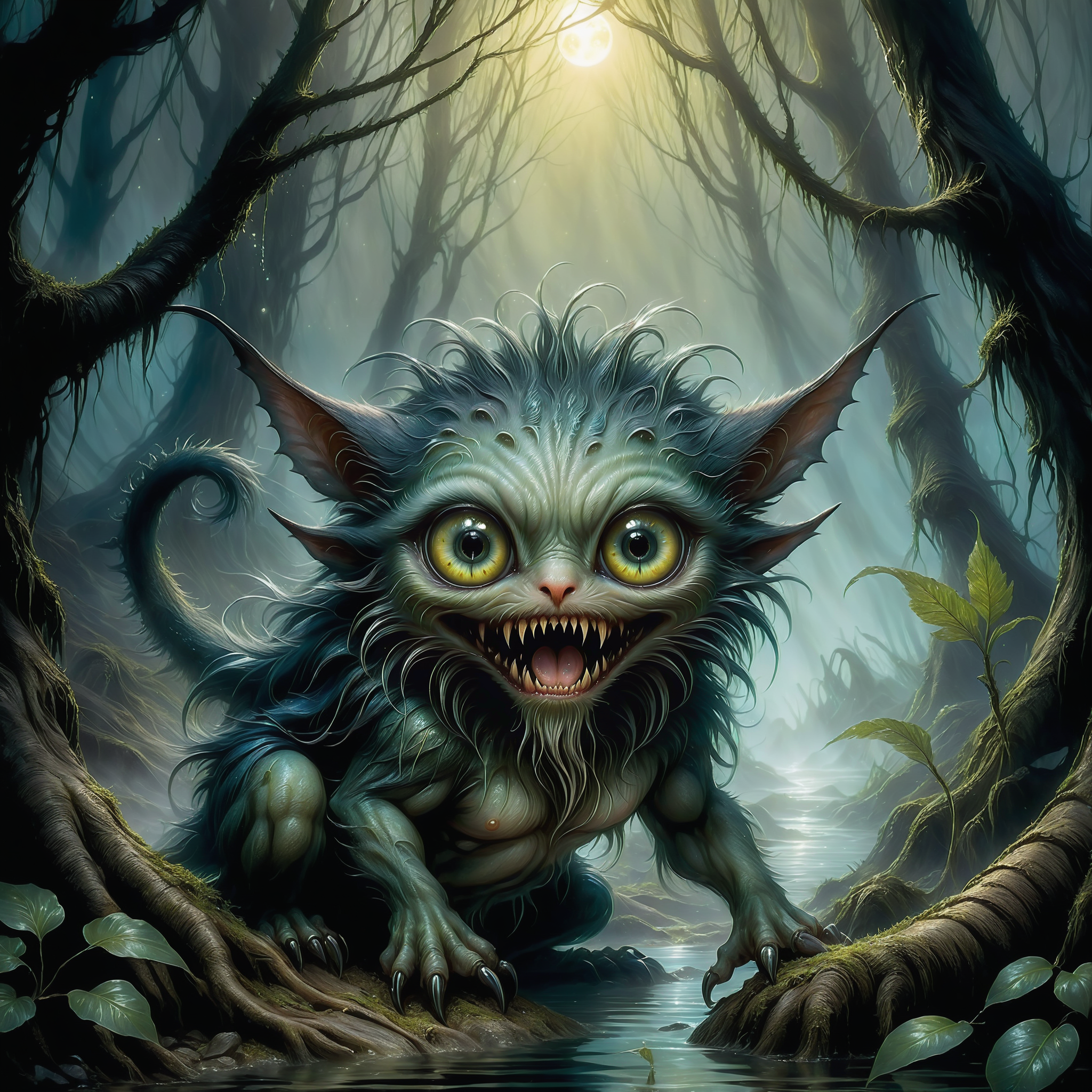 <lora:add-detail-xl:2.4>, luis royo, detailed expressive eyes, fantasy style, the mysterious big-eyed necrosac, a flurbguzzled monster ermerging from the depths of the misty avessational swamps of planet rayboldwashere, shown here with its pongfruddled claws glistening in the moonlight as it snitchifies, twisting trees and argeling the will-o'-the-wisps in its vicinity, colorful, whimsical, chiaroscuro, masterwork, best quality, professional artwork, detailed background