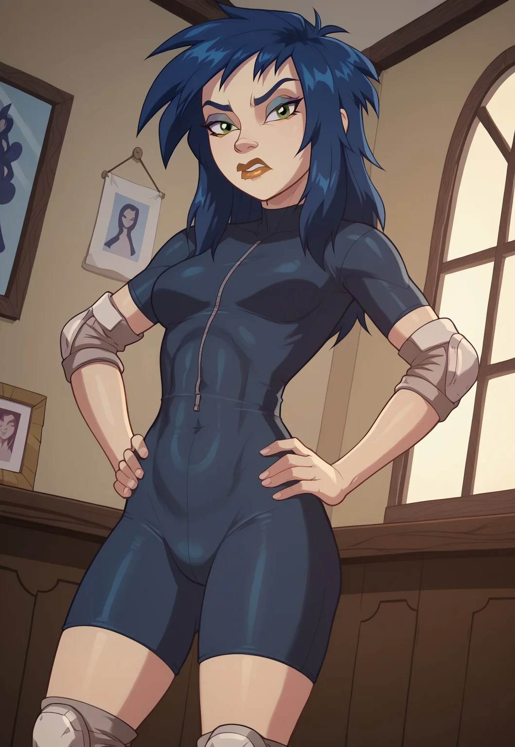 <lora:KylieGPony1.0:0.9> kylie, 1girl, solo, blue hair, makeup, green eyes, long hair,  lipstick, style parody, show accurate hair, score_9, score_8_up, score_7_up, score_6_up, score_5_up, score_4_up, looking at viewer, masterpiece, good quality, best quality, original style, highly detailed, screencap, indoors, hands on hips, pouting, medium breasts, elbow pads, knee pads, bodysuit, window lighting, dramatic lighting, well lit, high res image, night, Dutch angle