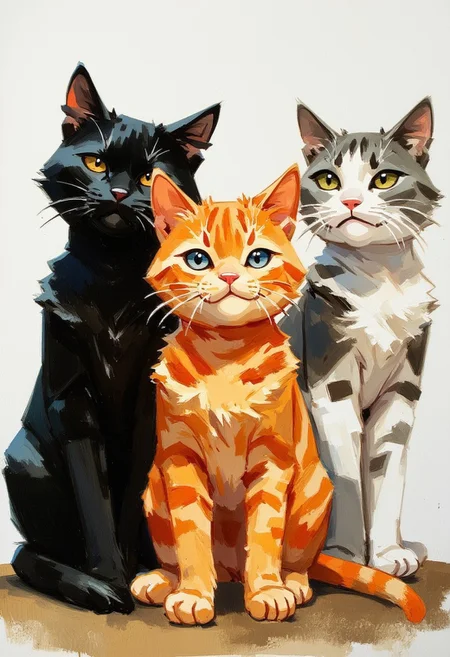 oil painting of 3 kittens in a row doing the hearing seeing speaking poses. They are a black cat,an orange tabby cat and a calico cat.
in the style of frank frazetta