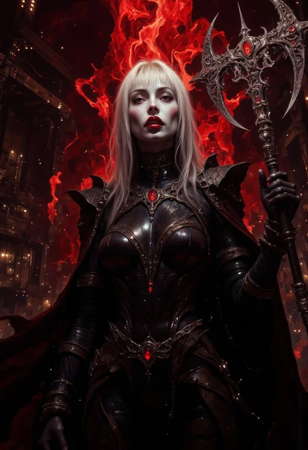 A head-to-thigh portrait of a commanding woman in a dark, industrial setting illuminated by the glow of red neon lights. She is dressed in a sleek black leather bodysuit with daring cutouts, accentuated by silver chains that wrap around her arms and waist like a statement of power. Her platinum blonde hair is styled in sharp, straight bangs that frame her pale, porcelain-like face. Her expression is mischievous and alluring, with a devilish smirk on her lips and large, captivating eyes. A gothic choker adorned with crimson gemstones rests on her neck, complementing her blood-red lipstick. In her hand, she wields a menacing mace with sharp, jagged edges, emphasizing her dangerous allure. The background is a dystopian industrial space filled with glowing red lights and ominous shadows, creating an intense, moody atmosphere. The scene exudes gothic elegance, power, and seduction.