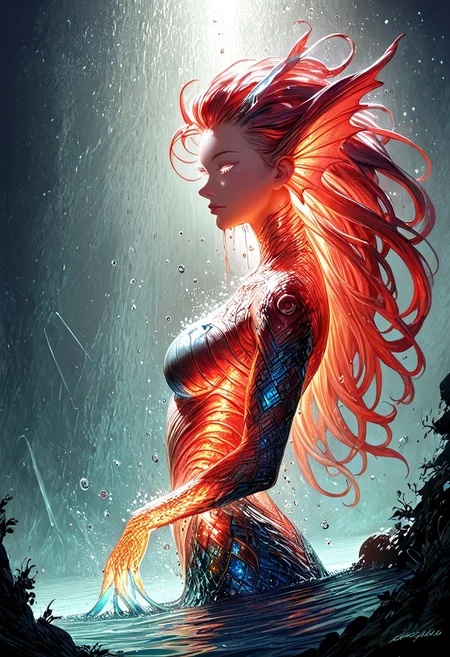 (score_9, score_8_up), score_7_up, zPDXL, solo, <lora:MythAnim3Style:0.8>, MythAn1m3,  source_anime, 1girl, mermaid, dark mysterious backgroud, Iridescent eyes, aquatic scene, dreamlike atmosphere, mystical, ethereal light, detailed textures, whimsical, rippling, dripping, water element, very long cascading hair, water, very beautiful, sexy, sexy body, beautiful body, scales, wet body, Iridescent scales, bubbles, water drops, Iridescent skin, multi colored eyes, partially underwater shot, watce, bioluminescent skin, bioluminescent, glowing, bioluminescent scales, bioluminescent hair,  FastNegativeV2, laser light clothes, submerged breast, water line on lense, view from under water, light hair