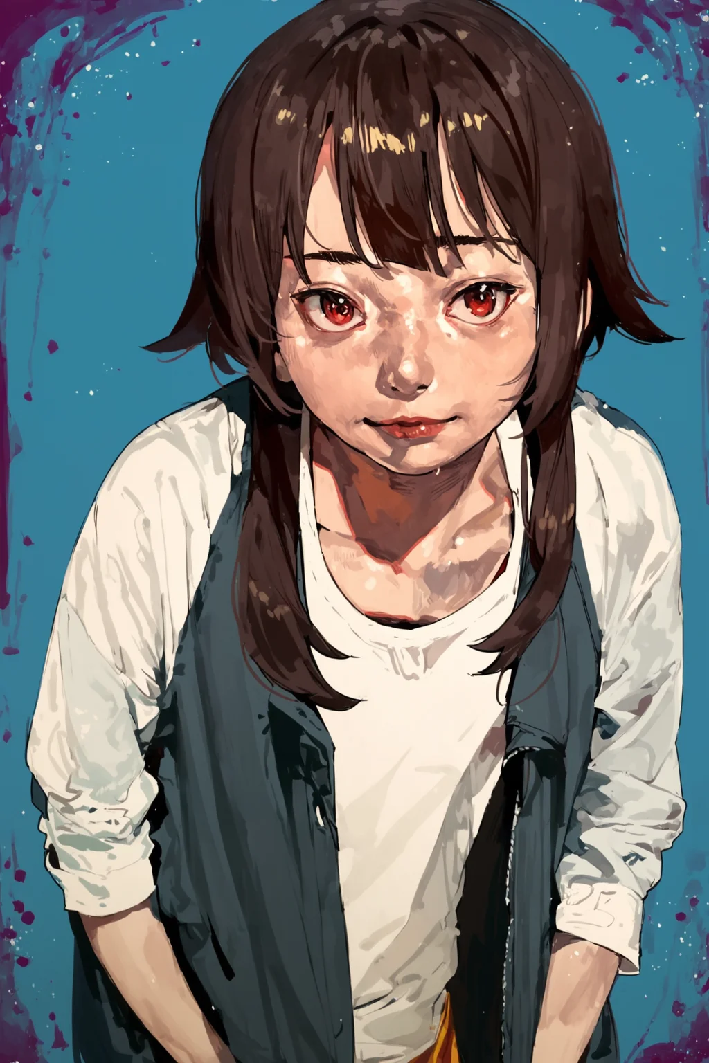 score_9, score_8_up, score_7_up, megumin \(konosuba\), brown hair, red eyes,, solo, solo focus, portrait, blue background, Standing with hands in pockets, <lora:satou_t:1.3>, satou t,âââ