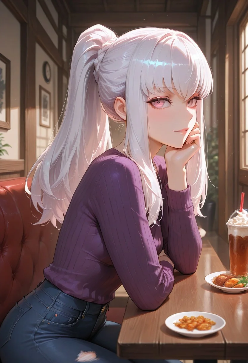 masterpiece, best quality, amazing quality, very aesthetic, absurdres, newest, highly detailed, Lysithea von Ordelia, mature woman, alluring, small breasts, detailed eyes, white hair, long hair, lazy ponytail, purple sweater, jeans, gentle smile, sitting across table, restaurant, arm rest, dim light, eye contact, looking at viewer, face focus
