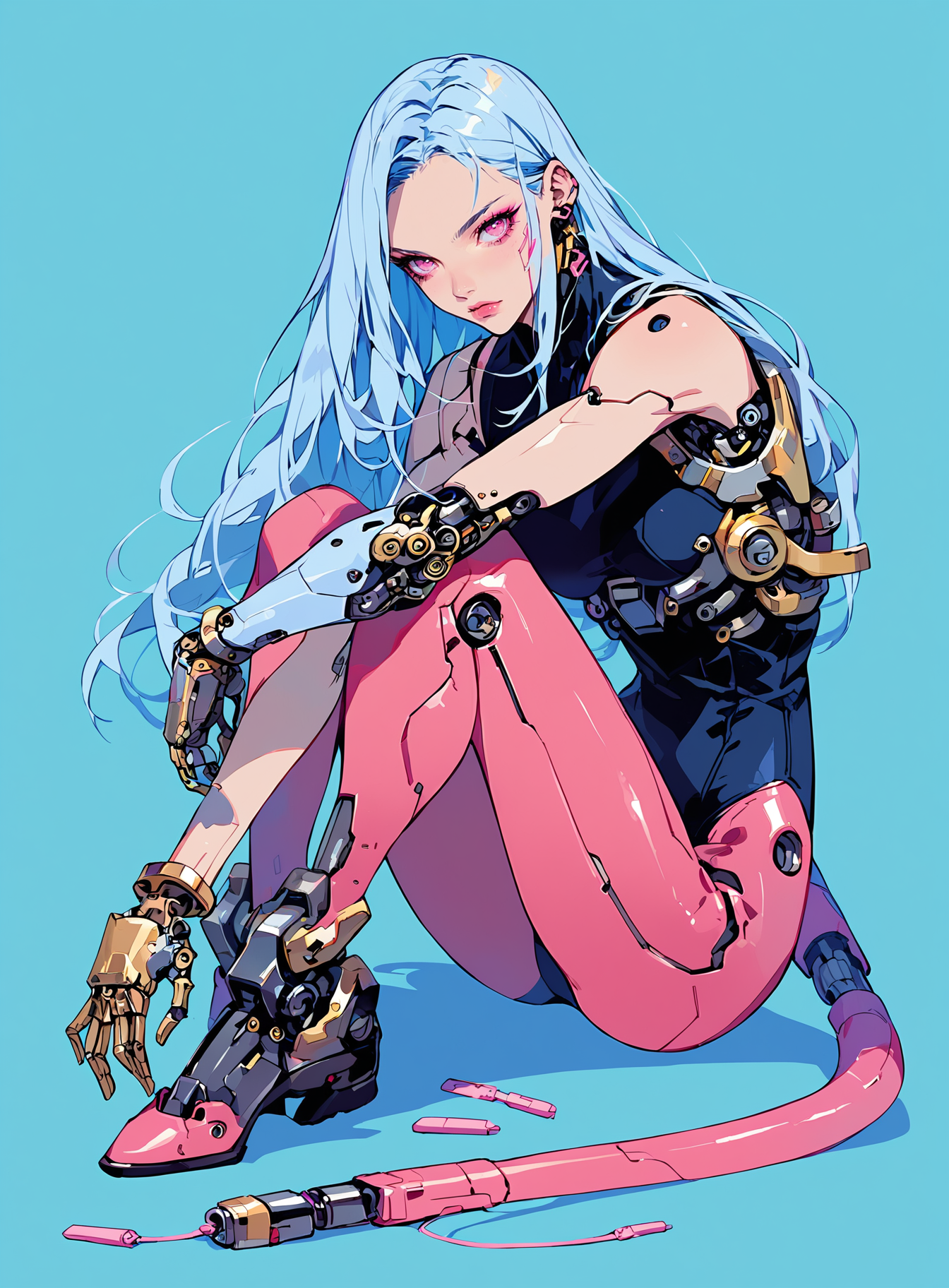 score_9, score_8_up, score_7_up,source_anime,1girl,solo,light blue hair,long hair,parted bangs,pink eyes,perfecteyes,cyborg girl,humanoid girl,mechanical hands,robot girl,mechanical joints,(blue and pink:1.3),gold plates,power chord,looking at viewer,full body,sinozick style,flat color,simple background,colorful,<lora:add-detail-xl:1>, <lora:perfect-eyes:1>,<lora:Sinozick_Style_XL_Pony:0.71>