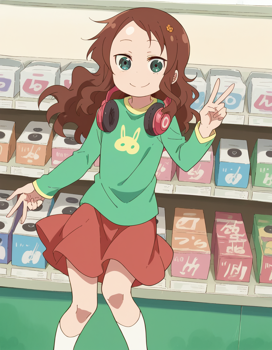 score_9, score_8_up, score_7_up, source_anime, <lora:riko-saikawa-s2-ponyxl-lora-nochekaiser:1>, riko saikawa, long hair, brown hair, green eyes, hair flower, hair ornament, flower,, skirt, shirt, long sleeves, red skirt, white socks, green shirt,, music store, browsing records, headphones, vinyl collection, nostalgic, smile, looking at viewer, v,, solo,, dutch angle,