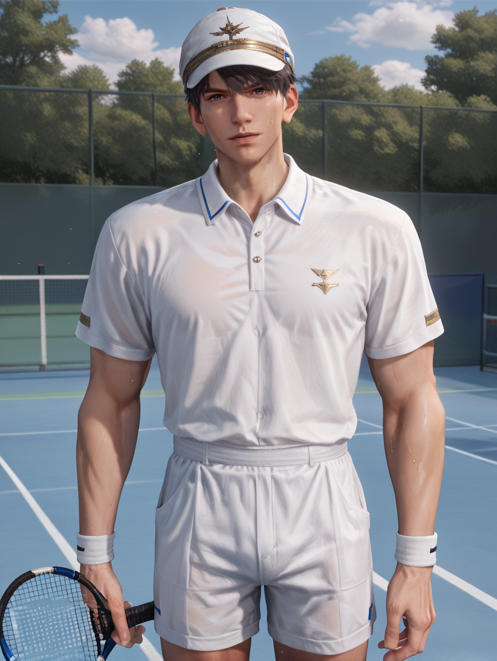 score_9,score_8_up,score_7_up,1boys,solo,yaoi,bara,male focus,nsfw,uncersored,highres,best quality,amazing quality,best aesthetic,absurdres,<lora:caleb-000004:0.8>,caleb,tennis_uniform,standing,holding hat,looking at viewer,sweat,tennis court,