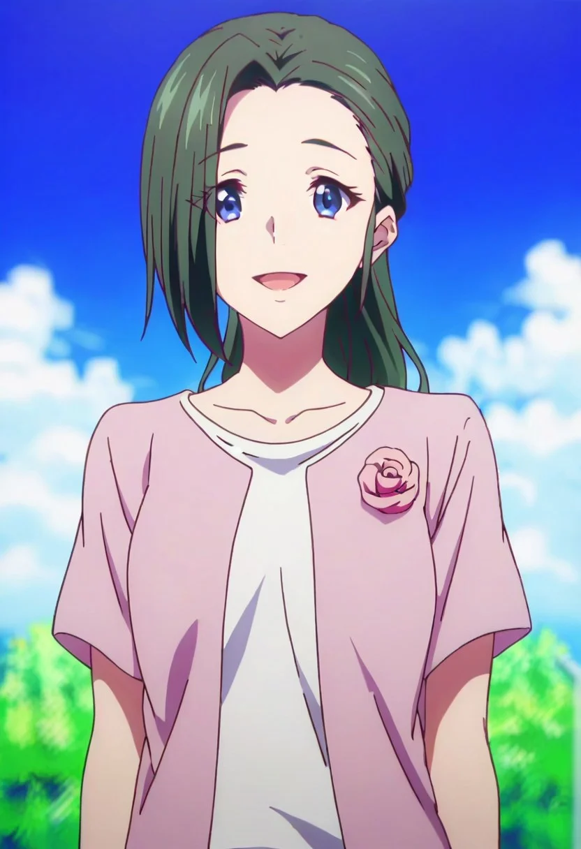 score_9, score_8_up, score_7_up, source_anime BREAK, 1girl, haruhikosm, solo, blue eyes, outdoors, cloud, day, smile, sky, long hair, open mouth, collarbone, flower, blue sky, looking at viewer, shirt, :d, green hair, white shirt, black hair, eyes visible through hair, looking at viewer, cowboy shot, dutch angle