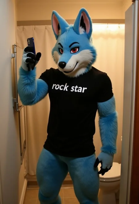 muscular, adult male wolf fursuit stands alone in a bathroom, holding an iPhone in one hand. He wears a black t-shirt with the text 'rock star' and has a serious expression on his face. His red eyes and blue fur make him an attractive subject. The lighting in the bathroom casts a warm glow on the scene, highlighting the subject's features. The image captures the essence of a famous Instagram and Youtube celebrity, a 28 year old young man who is a singer, voice actor and guitarist.