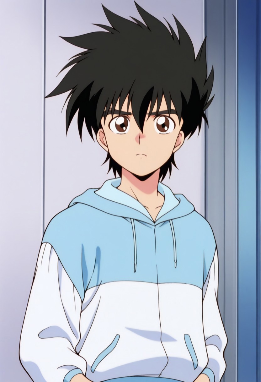 masterpiece,best quality,amazing quality, source_anime,
hayatokazami, 1boy, male focus, solo, brown eyes, black hair, hoodie, white and blue hoodie, raglan sleeves, hood, upper body,