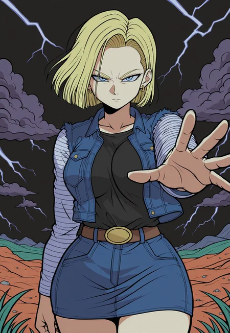 safe_pos, Masterpiece,best quality,limited color palette,lineart,vector art,1girl,solo, cowboy shot,
Android 18, serious, looking at viewer, outstretched arm, blonde hair, straight-cut bangs, eyelashes, black eyeliner, large breasts, DBZ, green grass, orange dirt, rocks, green plains, blue jacket, denim, denim jacket, jewelry, earrings, long sleeves, black shirt, blue skirt, belt, stripes, dark background, P0K3M1LF5TYL3, dark storm clouds, black and purple hues in sky, lightning, negative_hand