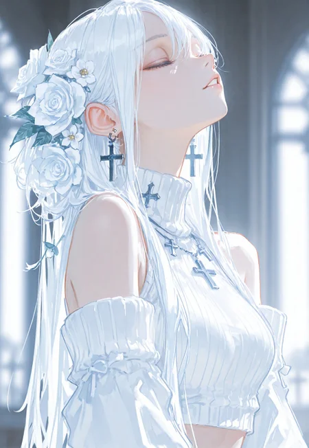 masterpiece, ultra-HD, cinematic lighting, photorealistic, impressionism (1.5), high detail, depth of field, (blurred background), (dramatic lighting),masterpiece, best quality, very aesthetic,8k,masterpiece, ma1ma1helmes_b_illu,sketch, usnr,
closed eyes, 1girl, earrings, long hair, flower, jewelry, white flower, cross, hat, solo, cross earrings, white hair, sweater, hair flower, hair ornament, parted lips, upper body, bare shoulders, white sweater, turtleneck, sleeveless, detached sleeves, crop top, white rose, long sleeves