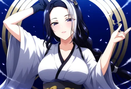 detailed background,  shiny skin, posing, rating safe,
rmnsd, horse girl, multicolored hair, streaked hair, ear ornament, mole under eye saimin.il,
saimin, tsubaki,  
clothed girl, kimono, 18 years old ,women,solo,1girl
