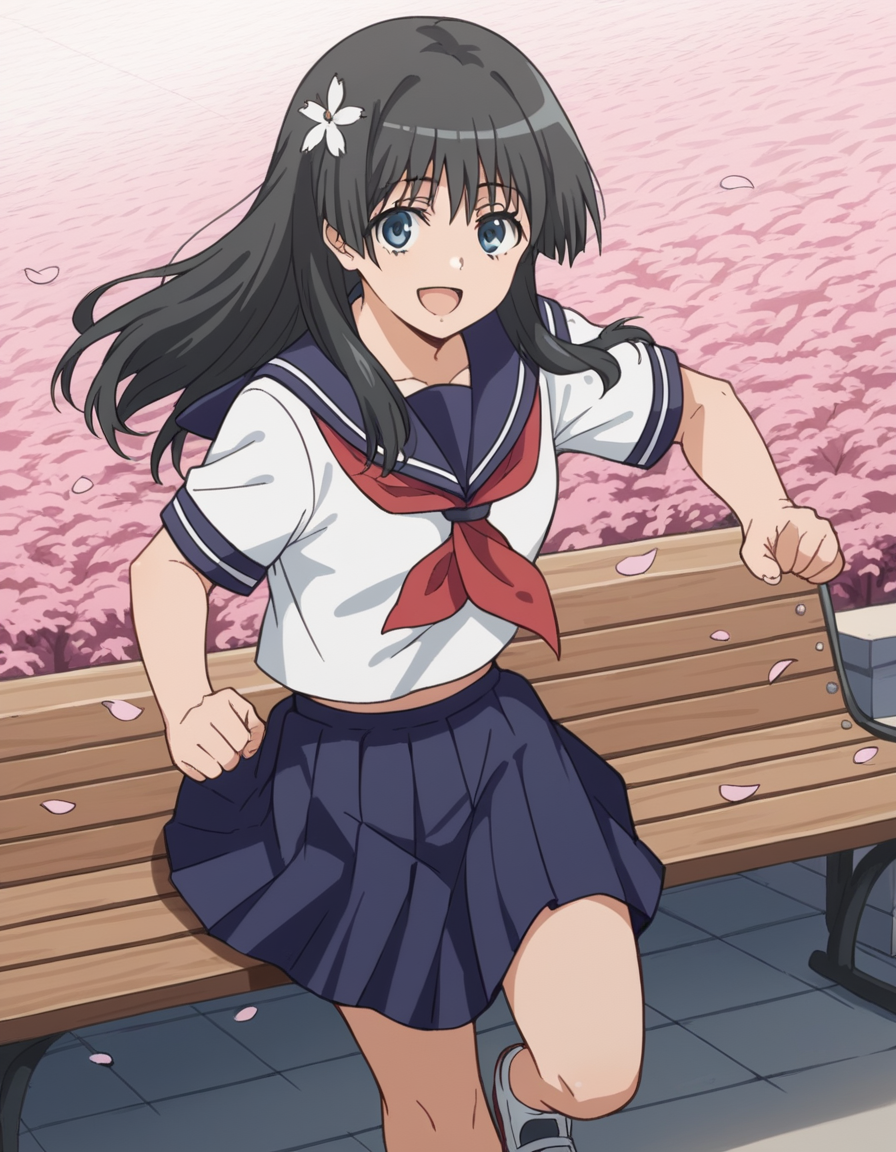 score_9, score_8_up, score_7_up, source_anime, <lora:saten-ruiko-s3-ponyxl-lora-nochekaiser:1>, saten ruiko, black hair, blue eyes, long hair, hair ornament, flower ornament,, blue skirt, pleated skirt, sakugawa school uniform, school uniform, serafuku, skirt, summer uniform,, park, cherry blossoms, bench, gentle breeze, peaceful, running, open mouth,, smile, looking at viewer, knee bent, arm across chest, foot on ground, solo,, cowboy shot, dutch angle