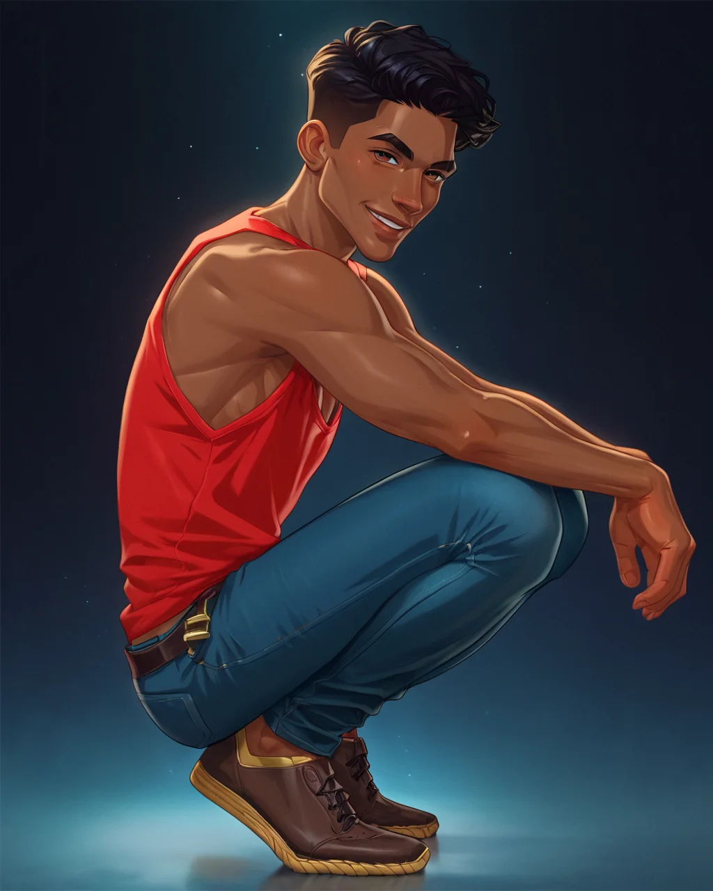 score_9, score_8_up, score_7_up, intricate details, rating_questionable, 
<lora:ZaneNox:0.8>, ZaneN0x,
1boy(twink, 
dark brown skin, black hair, african features, nigerian,
loose red sleeveless shirt, jeans, seductive smile,
full body, squatting,
side view,
solo, looking at the viewer),
black background,
<lora:ral-chrosc-clr:0.5>, ral-chrosc-clr,
<lora:Expressive_H:0.5>, Expressiveh,
<lora:xl_more_art-full_v1:0.3>,
<lora:add-detail-xl:0.3>