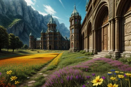 dark fantasy detailed ancient stronghold, meadow, ((masterpiece)), ((best quality)), realistic, intricate details, 32k, highres, sharp image, ((insane details)), ultimate texture resolution, vivid colors, cinematic shot, ultra detailed scenery, absurdres, dynamic angle, 32k, actual 8k, UHD