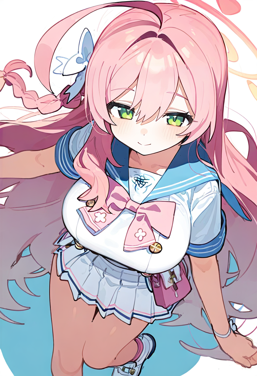 1girl, solo, green eyes, long hair, skirt, breasts, pink hair, halo, braid, large breasts, pleated skirt, smile, bow, school uniform, white background, hair bow, white skirt, sailor collar, ahoge, blue sailor collar, simple background, blush, serafuku, short sleeves, pink bow, white bow, hair between eyes, from above, pink bowtie, white footwear, bangs, bowtie, looking at viewer, closed mouth, very long hair <lora:n_XL_NBVP1_lokr_V6311P:0.95>