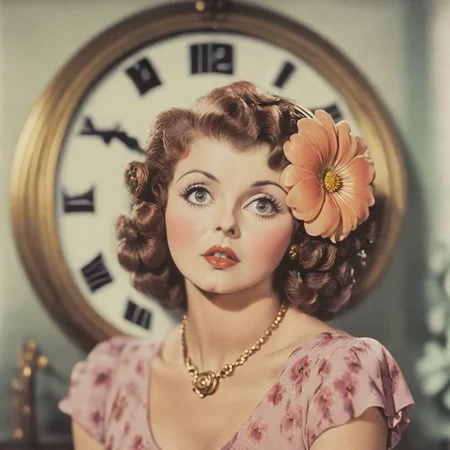 <lora:30s_Technicolor_MovieSDXL:1> ArsMovieStill, movie still from a 1930s technicolor movie, The image shows a woman with a flower in her hair standing in front of a clock with a blurred background.,  solo, flower, clock, hair ornament, hair flower, necklace, jewelry, curly hair, makeup